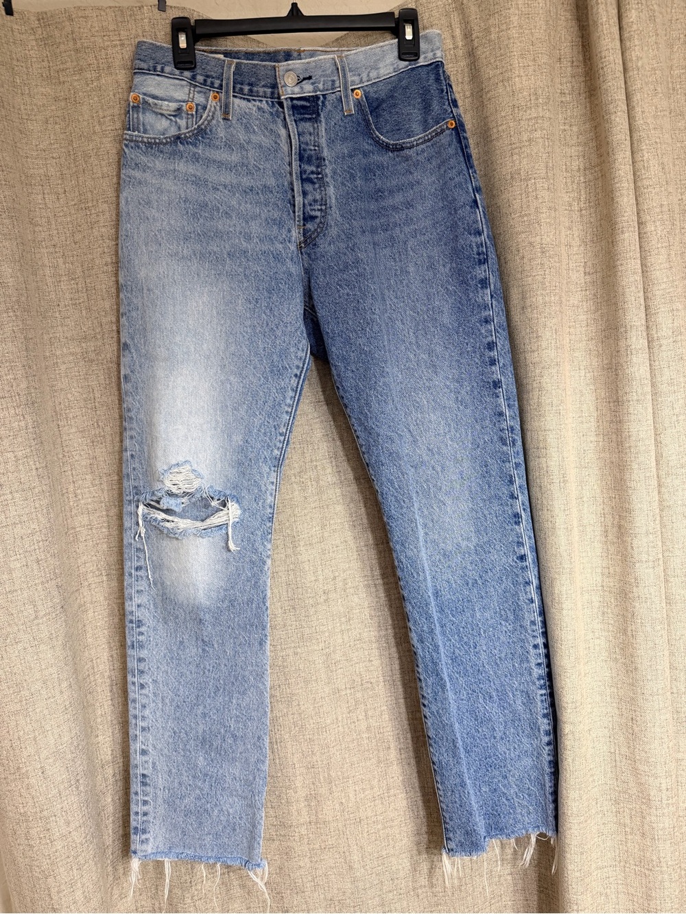 Levi's 501 Two-Tone Light Blue Straight Leg Jeans with Distressed Knee